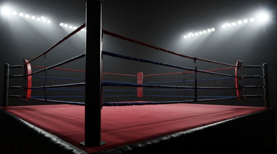 Empty boxing ring illuminated by bright spotlights_shutterstock_2624735701 900x500