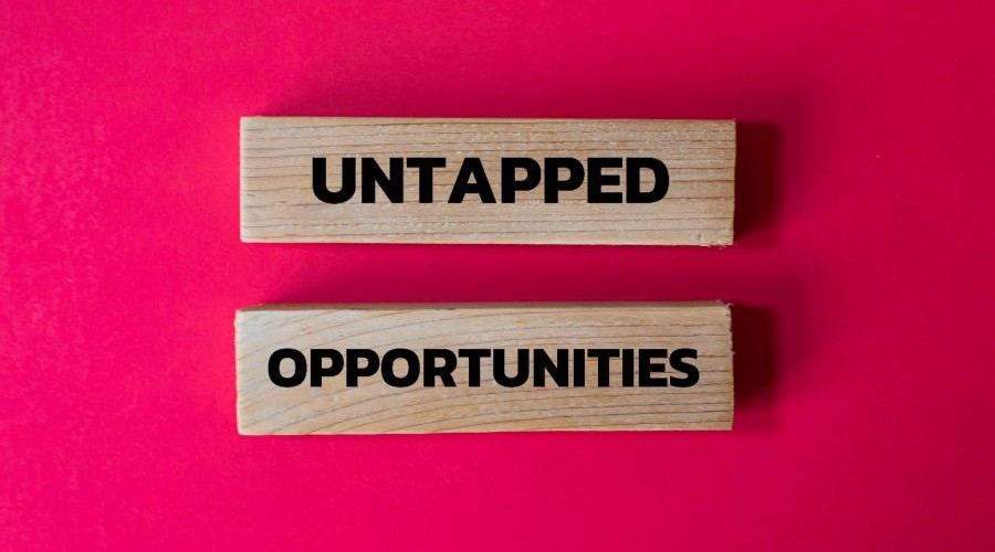 Two Wooden Blocks with Untapped Opportunities Text on Vibrant Red Background_shutterstock_2736354799 900x500